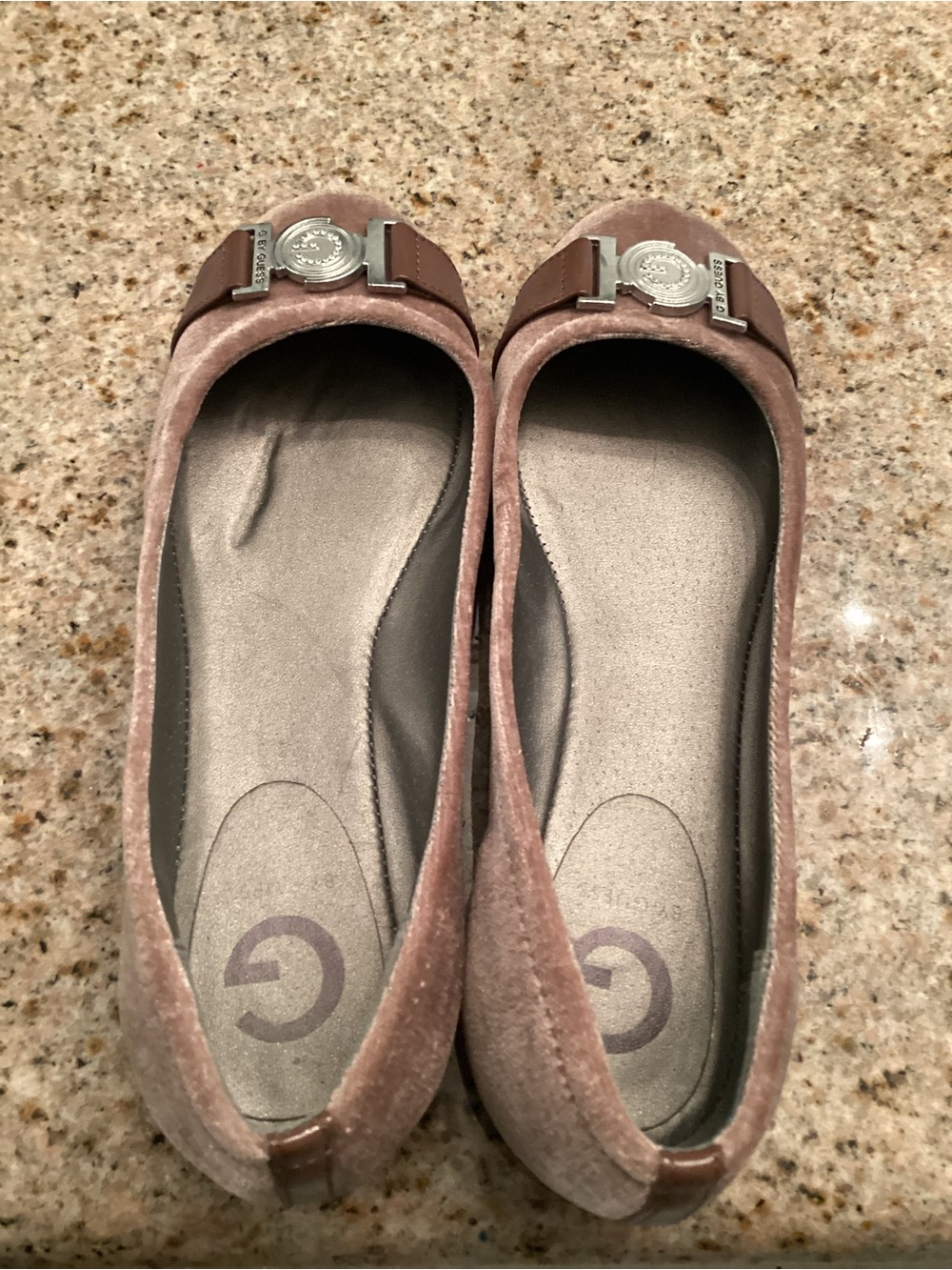 Guess Dusty Rose Velvet Ballet Flats with Silver Medallion